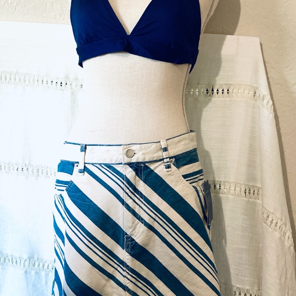 Blue and White Diagonal Stripe Cotton Skirt with Bikini Top